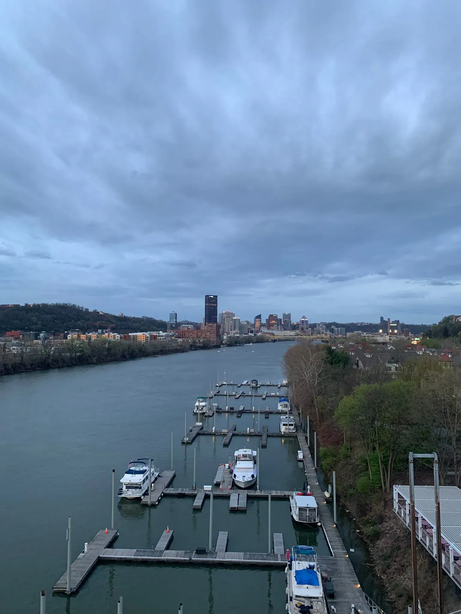 View of the Allegheny River from near Herrs Island, with a marina of moored boats in the foreground and the downtown Pittsburgh skyline under overcast skies in the distance.