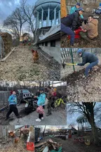 A collage of scenes from Garfield Community Farm: volunteers repairing a wheelbarrow and tilling soil, neighbors chatting by a pickup truck, chickens roaming near a water tower, and a person crouched next to hens.