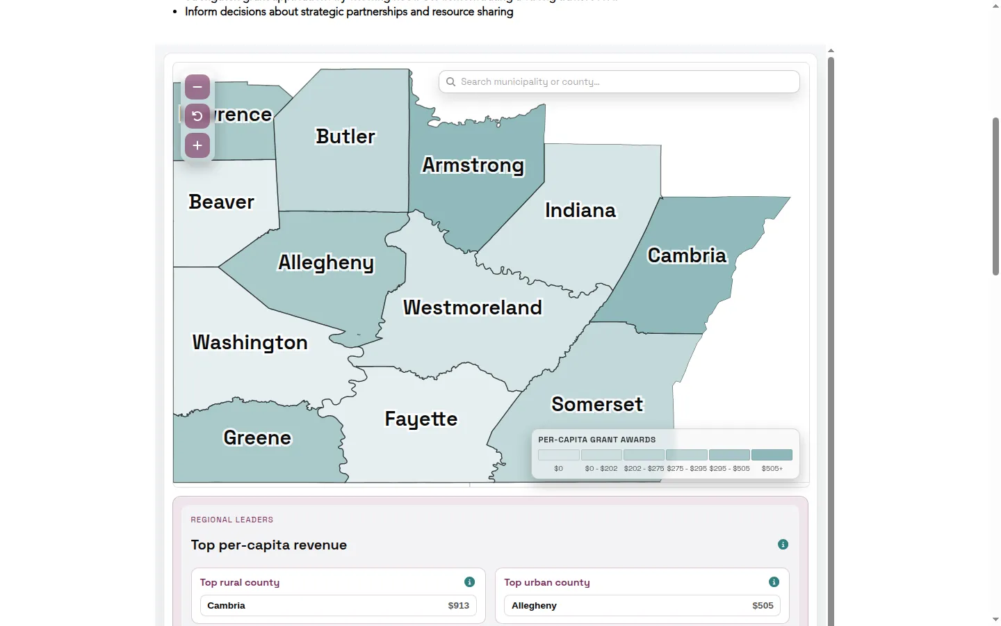 Screenshot of the SWPA Investment Map showing southwestern Pennsylvania counties shaded by grant funding